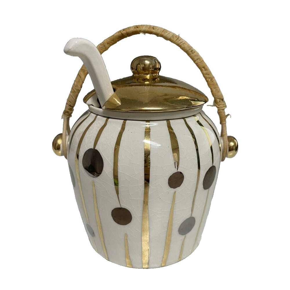 Vintage Covered Ceramic Soup Warmer Cup with Spoon Gold Stipes Polka Dots‎